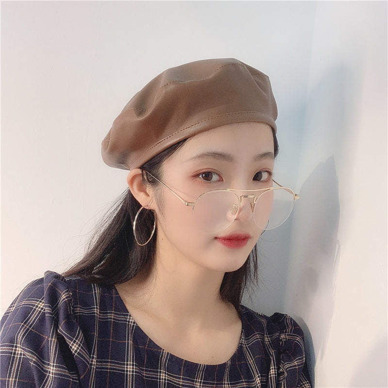 Large Head Girth Black PU Leather Face Reverse Beret Painter Hat