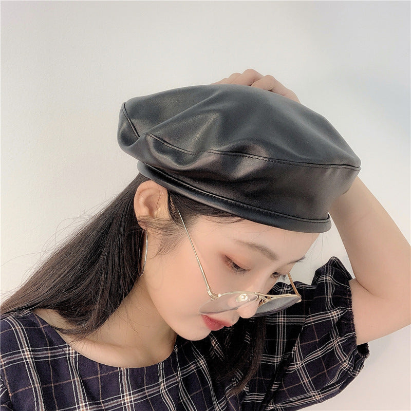 Large Head Girth Black PU Leather Face Reverse Beret Painter Hat