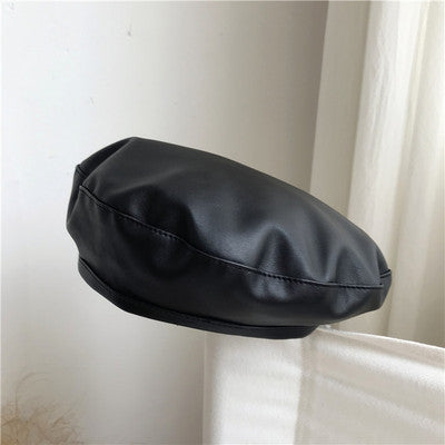 Large Head Girth Black PU Leather Face Reverse Beret Painter Hat