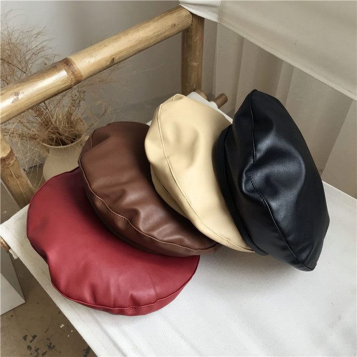 Large Head Girth Black PU Leather Face Reverse Beret Painter Hat
