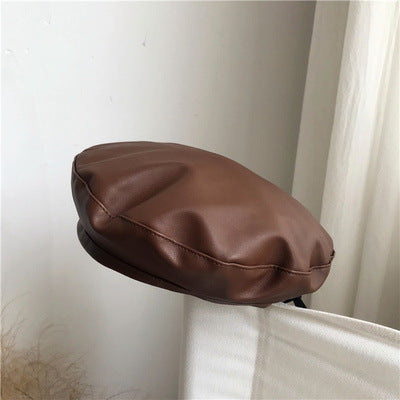 Large Head Girth Black PU Leather Face Reverse Beret Painter Hat
