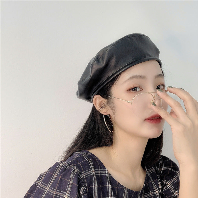 Large Head Girth Black PU Leather Face Reverse Beret Painter Hat